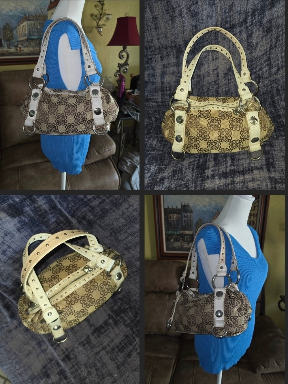 KVZ Floral Jacquard Shoulder Bag in Beige with Cream Straps